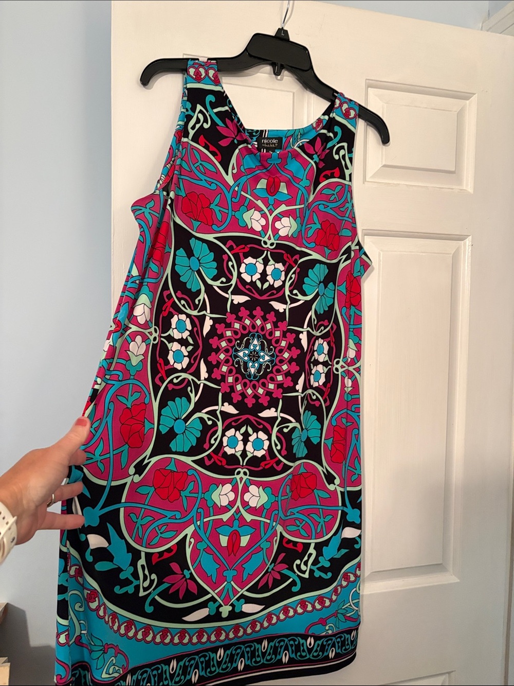 Nicole Miller Black Floral Medallion Sleeveless Shift Dress with Pink & Teal
